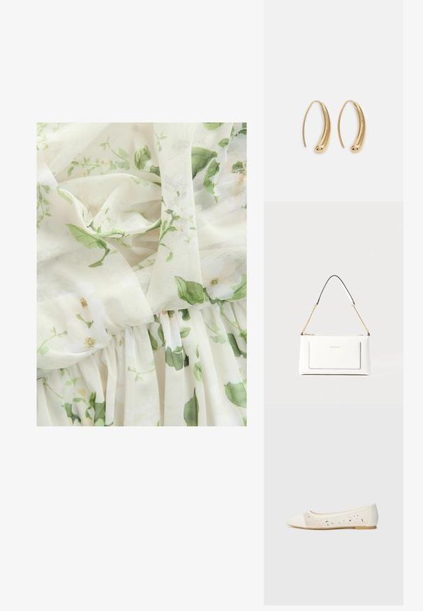 Next MULTIWAY BRIDESMAID WEDDING STANDARD - Apģērbs svinīgiem gadījumiem - sage green floral print; Krēmsādas apavi ar pointēto pirkstu un caurspīdīgu augšdaļu, apkaisa ar izkaisītiem rhinestones. Mīksta zole ērta valkāšanai, minimālisma dizains.; Baltā ādas rokassomu ar teksturētu apdari, ar zelta ķēdes siksnu un melniem akcentiem. Iekļauj priekšējo kabatu un aizdari ar rāvējslēdzēju.; Zelta toņu metāla gredzena auskari ar izliektu, pagarinātu formu. Ar gludu, spīdīgu virsma un noapaļotu galu papildu detaļām.