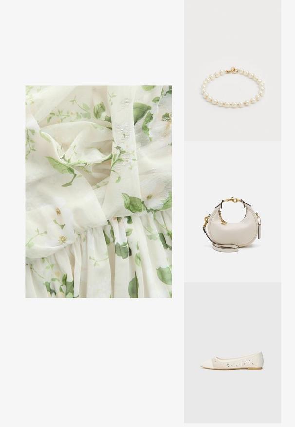 Next MULTIWAY BRIDESMAID WEDDING STANDARD - Proginė apranga - sage green floral print; Kreminės odos balerinos bateliai su skaidriu viršumi, dekoruoti išsibarsčiusiais kristalais. Minkštas padas užtikrina komfortą, minimalistinis dizainas.; Kreminės odos rankinė pusmėnulio formos, su auksiniais aksesuarais, juodais akcentais ir nuimamu dirželiu. Yra grandinėlės detalė ir etiketė.; Perlo apyrankė su apvaliais, blizgiais baltos spalvos karoliukais ir aukso tono užsegimu. Lygi tekstūra su klasikinio dizaino akcentais.