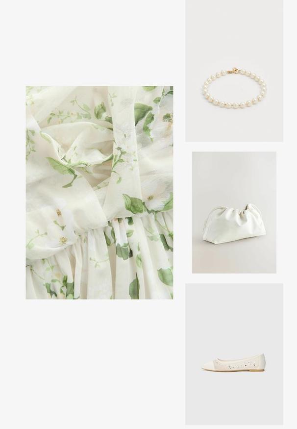 Next MULTIWAY BRIDESMAID WEDDING STANDARD - Festklänning - sage green floral print; Spetsig tå ballerina i krämfärgad läder med genomskinligt ovandel som pryds av spridda rhinestones. Mjuk sula för komfort, minimalistisk design.; Vit fusk läderväska med en veckad design, dragsko-stängning och slät yta. Rundad form med mjuka veck och minimal hårdvara.; Pärlarmband med runda, polerade kulor i vitt och lås i guldton. Slät yta med en klassisk design.