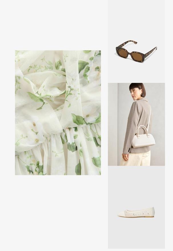 Next MULTIWAY BRIDESMAID WEDDING - Îmbrăcăminte de ocazie - sage green floral print; Pantofi stilați cu vârful ascuțit, din piele crem, cu partea superioară transparentă și strasuri dispersate. Talpă moale pentru confort, design minimalist.; Ochelari de soare cu chelă de broască țestoasă, având un cadru rotund și voluminos, cu lentile maro. Prezintă modele subtile și brațe drepte, conice.; Geantă structurată albă, cu mânere scurte și curea de umăr, având accente din metal aurit și material texturat, expusă pe un fundal gri.