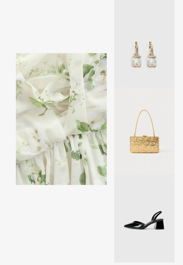 Next MULTIWAY BRIDESMAID WEDDING - Îmbrăcăminte de ocazie - sage green floral print; Pantofi cu toc slingback din piele lacuită neagră, cu vârf ascuțit și toc geometric. Prezintă un design elegant, minimalist și o textură netedă.; Clutch din paiete aurii, cu o formă rectangulară, având un mâner din lanț croit și o închidere cu clapetă metalică, reflectând lumina cu un finisaj texturat.; Cercei aurii care prezintă un cristal clar, rectangular, suspendat sub un rând de accente mici, rotunde, clare. Design elegant și modern.