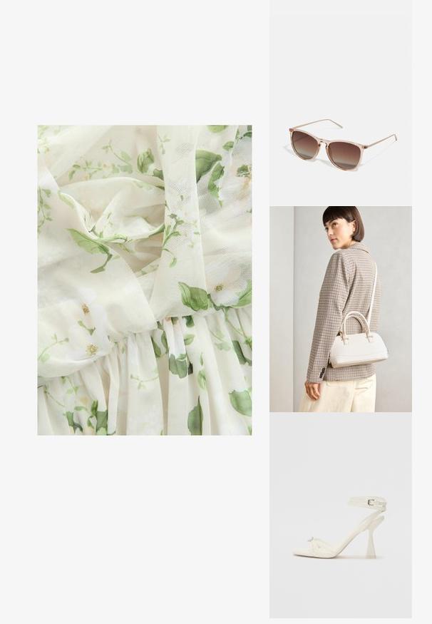 Next MULTIWAY BRIDESMAID WEDDING STANDARD - Oblačila za posebne priložnosti - sage green floral print; Sandal z visoko peto z naramnicami v beli usnjeni izvedbi s popolnim dizajnom, prozorno blok peto in dekorativnim elementom na prstih.; Rjavi gradient sončna očala s prozornim roza okvirjem, kvadratne oblike in tankimi kovinskimi ročaji. Imajo zaobljene robove in minimalne detajle.; Bela strukturirana torba z kratkimi ročaji in naramnim trakom, z zlatimi okrasnimi elementi in teksturiranim materialom, prikazana na sivi podlagi.