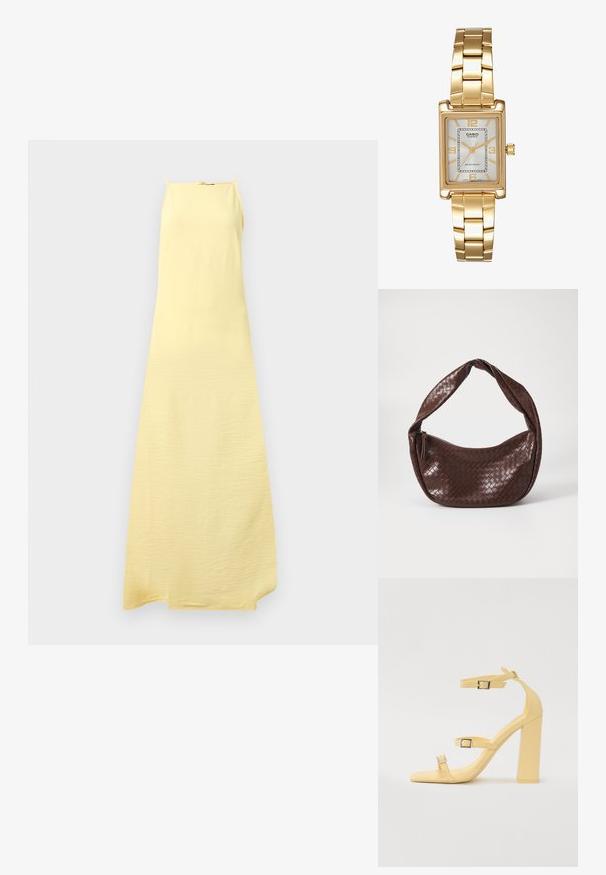 Vestido maxi amarelo com alças finas, feito de um tecido leve e texturizado, com um corte solto, apresentando um decote reto e fendas laterais.; Sandálias amarelas de salto bloco com três correias ajustáveis, design de bico quadrado, material sintético liso e fivelas em tom prateado.; Bolsa de mão em pele trançada castanha com uma alça curva e atada e um fecho com zíper. Textura suave e forma arredondada.; Relógio de pulso retangular em tom de ouro com um mostrador branco, marcadores de horas em tom de prata e uma pulseira de metal resistente. Inclui função de resistência à água.