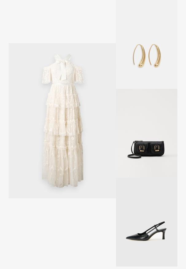 Krajková šaty v svetlej krémovej farbe s ramienkami odhalenými na pleciach, mašľou na výstrihu a vrstvenými volánmi zdobenými kvetinovou výšivkou.; Čierne patentové slingback topánky na ihlovom podpätku s špicatou špičkou, s textúrovaným hadím vzorom, nastaviteľným popruhom a krátkym, textúrovaným blokovým podpätkom.; Čierna kožená crossbody taška s dvoma prednými vreckami, zlatými sponami, zipsovým uzatváraním a úzkym popruhom. Štruktúrovaný povrch a kompaktný obdĺžnikový tvar.; Náušnice vo forme zlatých kovových kruhov s zakriveným, predĺženým tvarom. Majú hladký, lesklý povrch a zaoblený koniec pre pridanie detailu.