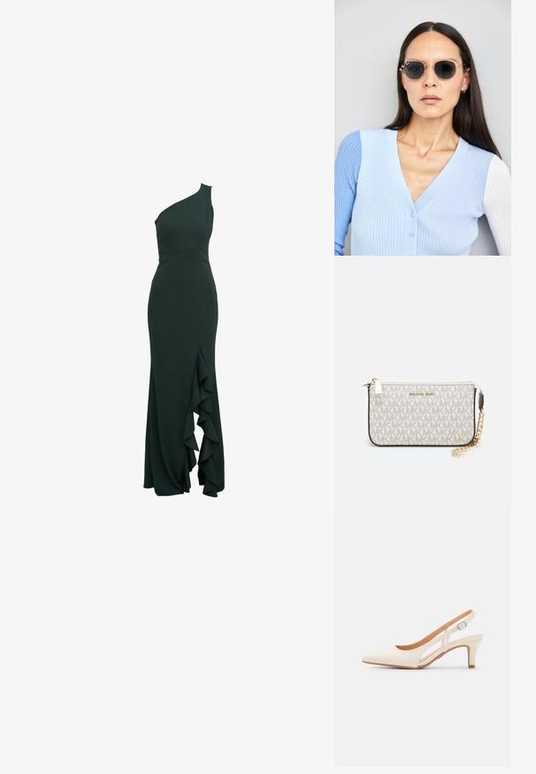 Robe asymétrique de couleur vert foncé au design ajusté, avec un détail volants sur le côté, fabriquée dans un tissu lisse et dotée d'une silhouette structurée.; Talons aiguilles blanches à bride arrière avec un bout pointu, un dessus lisse, un petit talon carré et un design avec découpes latérales et sangle réglable.; Lunettes de soleil rondes avec verres sombres et monture en or. Le modèle porte un cardigan à côtes bleu clair avec des boutons et des manches blanches contrastantes.; Porte-monnaie Michael Kors en toile enduite beige avec un motif répété de logo MK, des accessoires en or et une bandoulière en chaîne amovible.