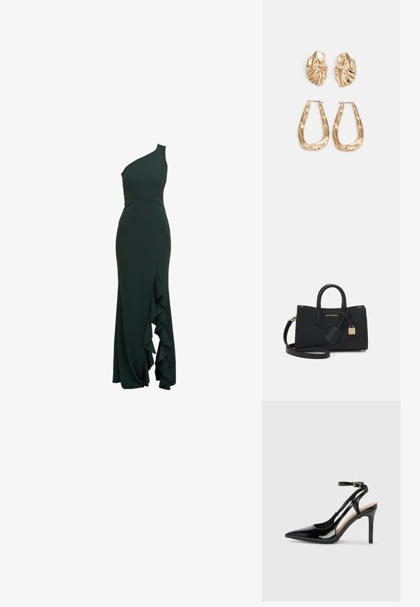 En-skulder, mørkegrøn kjole i et tætsiddende design med volangdetalje langs siden, lavet af glat stof og med en struktureret silhuet.; Sorte laklæder højhælede slingback-sko med spids tå, justerbar ankelrem og åben sider. Glat tekstur.; Sort læderhandbag med et struktureret design, top-håndtag og en aftagelig skulderrem. Har guldhardware og et logo charm.; Guldtonede øreringe med teksturerede, bølgede former. Inkluderer skulpturelle clips og en åben ringdesign med en hamret finish.