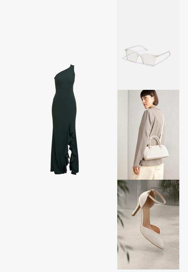 Vestido verde escuro, de um ombro só, com um design ajustado e um detalhe de renda ao longo do lado, feito de um tecido suave e apresentando uma silhueta estruturada.; Shoe de salto alto branco em material suave com bico pontudo e tira no tornozelo. Apresenta um interior em tom claro de bege e detalhes em tom dourado.; Óculos quadrados de plástico transparente com lentes translúcidas, apresentando detalhes em dourado nas hastes.; Bolsa estruturada branca com alças curtas e uma alça de ombro, com detalhes em hardware dourado e material texturizado, exibida contra um fundo cinza.