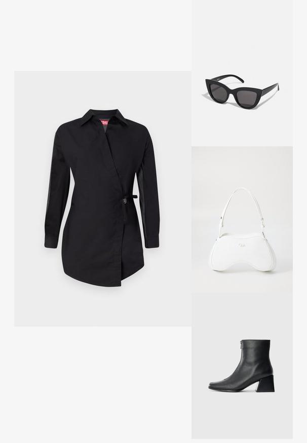 Mustkastik õhkeriietus, mis on valmistatud puuvillast, sisaldab vöödisaini, pikki varrukaid ja reguleeritavat vööd. Lame tekstuur struktureeritud kraega.; Must musta ankle bot, mille ruudukujuline varvas, külgriiv ja plokk-konts, heledal taustal.; Mustad mustakate silmade prillid, millel on matt viimistlus, hallist toonitud läätsed, teravad nurgad ja stiilsed küljed. Brändi nimi on nähtav siseküljel.; Valge käekott, millel on sile ja läikiv pind, kõver kuju ning üks reguleeritav rihm. Ees on kaubamärgi logo kõrgelt pressitud.