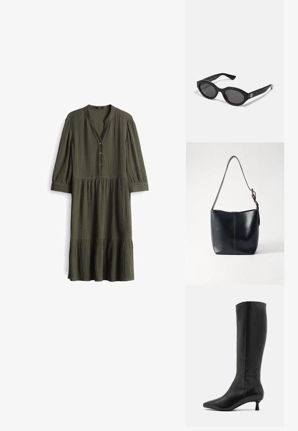 Olivengrünes, knielanges Kleid aus plissierter Baumwolle. Mit einem Henley-Ausschnitt mit drei Knöpfen und gerafften Ärmeln. Ausgestellter Saum.; Zign Stiefel - black; Schwarze ovale Sonnenbrille mit dunklen Gläsern und glänzendem Kunststoffrahmen. Mit goldenem Logo am Bügel, das ein elegantes und modernes Design bietet.; Schwarze Leder-Schultertasche mit glatter Oberfläche, ausgestattet mit einem dünnen, langen Tragegurt und einem dezenten genähten Detail in der Mitte.