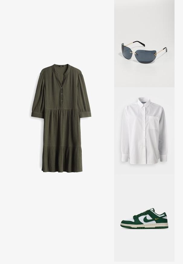 Olijfgroene jurk tot de knie van gekreukt stof. Heeft een henley-halslijn met drie knopen en geplooide mouwen. Uitlopende zoom.; Witte overhemdd, van katoen, lange mouwen, klassieke kraag, enkele borstzak, rechte zoom, minimale textuur, geen patronen.; Lage Nike sneaker in wit en donkergroen suede met bijpassende groene swoosh en een klein geel accent van een swoosh aan de zijkant.; ALDO PIGOWEN - Zonnebril - gold-coloured