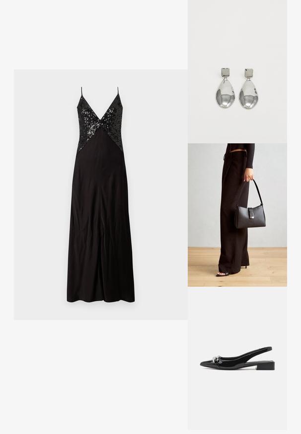 Schwarzes Abendkleid mit dünnen Trägern, das ein enganliegendes Oberteil aus Pailletten und einen fließenden Rock hat. Glattes Material mit einem leichten Glanz.; Schwarzer Slingback-Schuh aus Lackleder mit spitzer Kappe, niedrigem Blockabsatz und silberfarbenem Schmuckdetail vorne.; Schwarze Handtasche mit strukturierter Form, glatter Textur und einem metallischen Verschluss. Kombiniert mit weiten schwarzen Hosen und offenen Sandalen auf einem Holzboden.; Silberne Tropfenohrringe mit einem quadratischen Stecker, die eine glatte, polierte Oberfläche und eine Tropfenform aufweisen, die Licht mit einer glänzenden Oberfläche reflektiert.