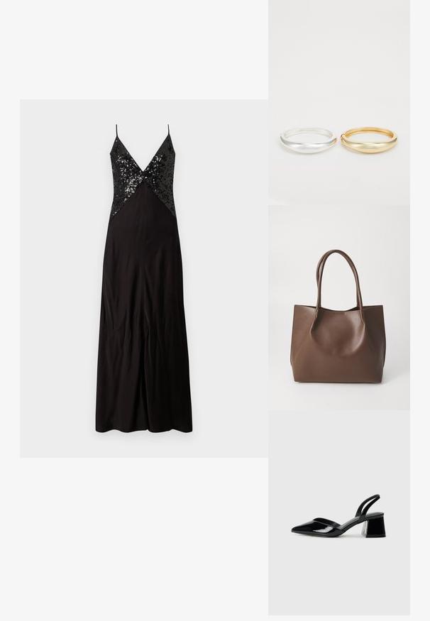 Svart aftenkjole med tynne stropper, med et tettsittende liv av paljetter og et flytende skjørt. Glatt stoff med en lett glans.; Svarte patentlær slingback hæler med spiss tå og geometrisk blokk hæl. Har et stilrent, minimalistisk design og jevn tekstur.; Brun lær totebag med to lange håndtak, strukturert form, glatt tekstur og minimalistisk design. Ingen synlig maskinvare eller detaljer.; Zign 2 PACK - Armbånd - gold-coloured/silver-coloured