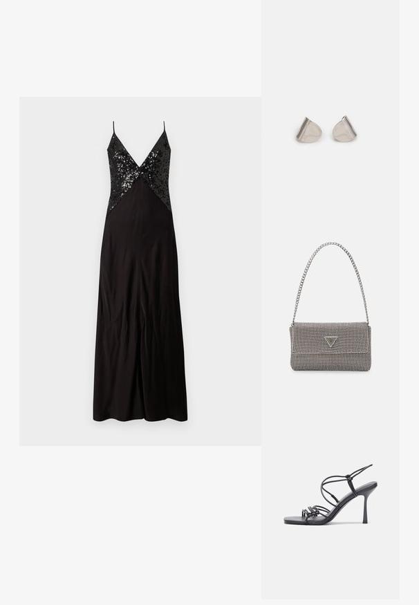 Melna vakara kleita ar plānām siksnām, ar pieguļošu mēteli no pērļu un plūstošu svārku. Gluda auduma ar nelielu spīdumu.; Melnas augstpapēžu sandales ar plāniem siksniņām un mezgla dizainu, gluda kvadrātveida purngalu un elegantu stiletto papēdi.; Gaiši pelēka metāla rokassoma ar ķēdes siksnu, rotāta ar mazām apaļām metāla kniedēm un trīsstūra zīmola logo.; Sudraba metāla auskari ar gludu, asarveida formu un pulētu apdari. Smalkas gravējumi pievieno detalizāciju. Minimālisma dizains.