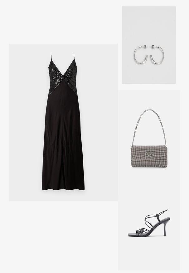 Vestido de noche negro con tirantes finos, que presenta un corsé ajustado de lentejuelas y una falda fluida. Tejido suave con un ligero brillo.; Las sandalias negras de tacón alto presentan finas correas con un diseño anudado, una punta cuadrada suave y un elegante tacón de aguja.; Bolso de mano metálico gris claro con una cadena como asa, adornado con pequeños remaches metálicos circulares y un logotipo de marca en forma triangular.; Aros de plata en forma de aro con un acabado liso y brillante. Diseño redondeado y ligero, con cierre de tipo post-back.