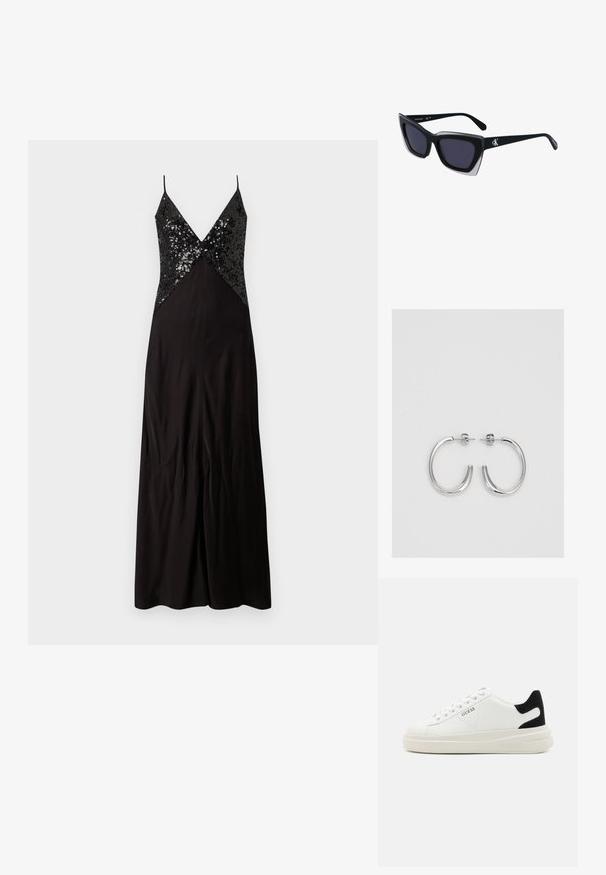 Mustvalge õhtu kleit õhukeste rihmadega, millel on kehasse sulanduv paljettidega ülakeha ja voogav seelik. Sile kangas, millel on kerge läige.; Valged nahast tennisetossud paksu valge tallaga, musta sametist kontsakeeuga ja külje peal riigilogo reljeefne kujundus. Lukkeskeem kuue silmaauguga.; Mustad suured mustad prillid geomeetrilise kujuga, tumedate läätsedega ja kontrastse halli detailiga raamidel. Logo käe peal.; Hõbedased rõngaskõrvarõngad, millel on sile ja läikiv pind. Ümar kuju, kerge disain, millel on post-tagumise kinnituse süsteem.