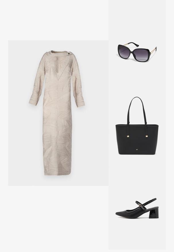 Beige lang kjole med ett teksturert bladmønster, V-hals og knappet skulder. Lange ermer og en rett silhuett forsterker designet.; Sorte lakk lær slingback hæler med spiss tå, et avrundet utskjæringsdesign og blokkheel. Har en gulltone spenne som detalj.; Sorte oversized solbriller med gradient linser, tykke rammer og detaljering med gulltonekjede på tempelarmene.; Svart totebag laget av syntetisk materiale, med et enkelt rektangulært design, gullfargede firkantede detaljer og doble håndtak.