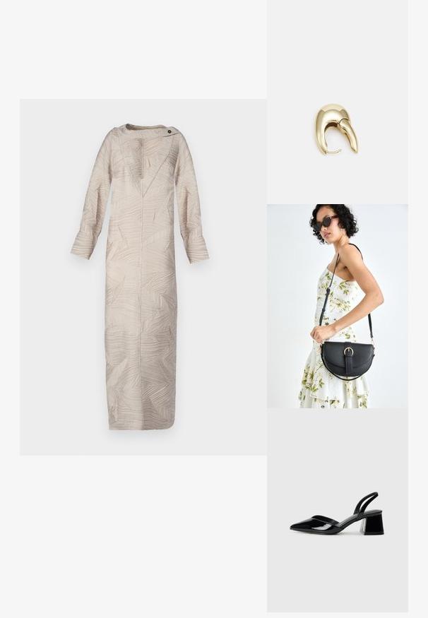 Bežinė ilga suknelė su tekstūruotu lapų raštu, V formos iškirpte ir sagomis ant peties. Ilgos rankovės ir tiesi siluetas paryškina jos dizainą.; Juodos lakuotos odinės šlepetės su smailiu pirštu ir geometriniu bloko kulnu. Turi elegantišką, minimalistinį dizainą ir lygų paviršių.; Juodas odinis krepšys su išlenkta forma, nuimamu dirželiu ir auksiniais detalėmis. Krepšys turi kilpą su sagtimi.; Aukso tono metalinės auskarai su stilingu, kreiviu dizainu. Išsiskiria ryškiu smailiu pavidalu, poliruota paviršiumi ir užsegimu su vyriu.