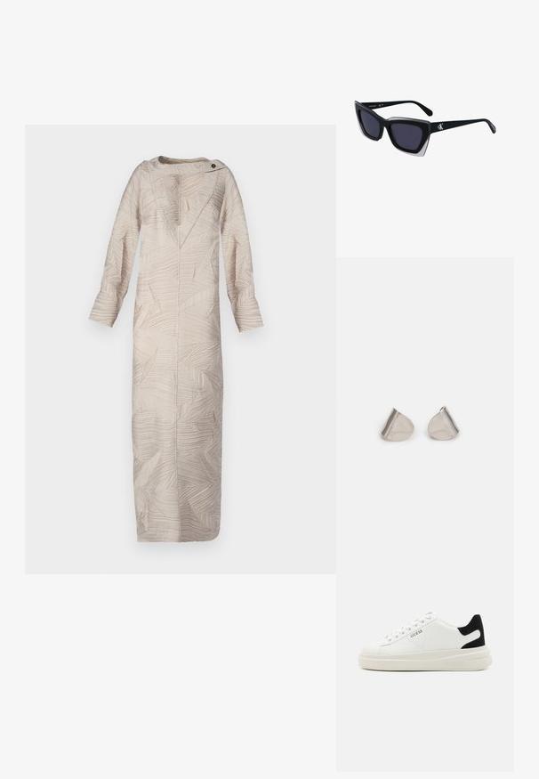 Vestido largo beige con un patrón texturizado de hojas, escote en V y hombros abotonados. Las mangas largas y la silueta recta realzan su diseño.; Zapatillas blancas de cuero con una suela blanca gruesa, acento en el talón de ante negro y logo grabado en el lateral. Diseño de cordones con seis ojales.; Gafas de sol negras de gran tamaño con una forma geométrica, que presentan lentes oscuros y un detalle gris contrastante en la montura. Logo en la pata.; Pendientes de metal plateado con una forma suave de lágrima y un acabado pulido. Grabados sutiles añaden detalle. Diseño minimalista.