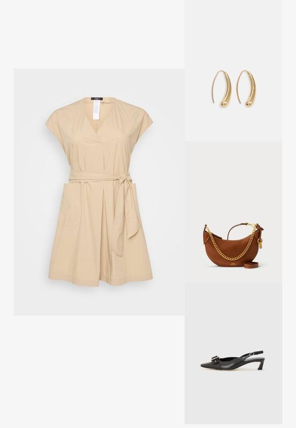 Beige dress with short sleeves, V-neckline, a tied waist belt, and two side pockets. Made of smooth fabric with a relaxed fit.; Black leather slingback shoe with pointed toe, small heel, and decorative buckle detail on the upper. Smooth texture, minimalistic design.; Brown leather handbag with a curved design, gold chain strap, interior pocket, and a detachable shoulder strap. Features contrasting stitching.; Gold-tone metal hoop earrings with a curved, elongated shape. Features a smooth, shiny surface and a rounded tip for added detail.