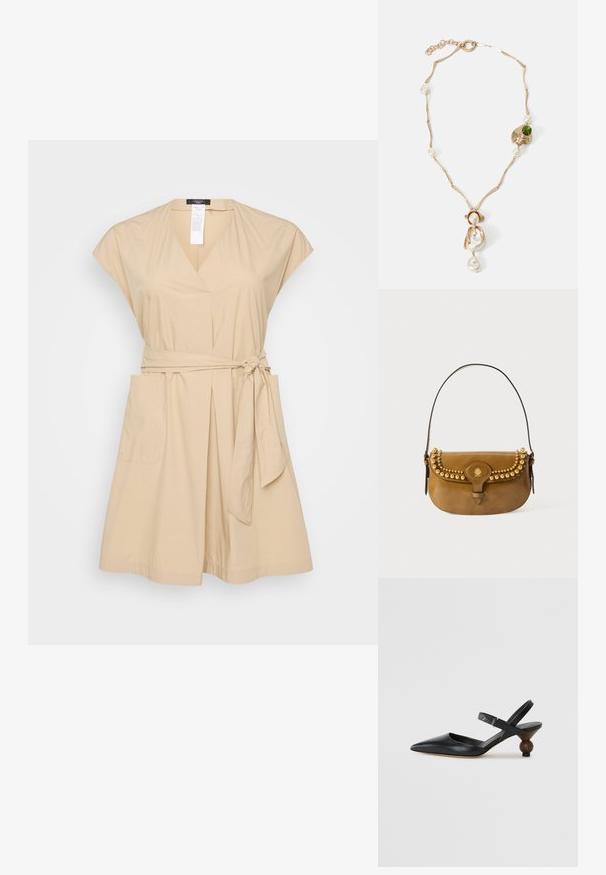 Rochie bej cu mâneci scurte, decolteu în V, curea legată în talie și două buzunare laterale. Construită dintr-un material neted, cu o potrivire lejeră.; Sandal din piele neagră cu vârf ascuțit, design curbat și toc rotund asemănător cu lemnul. Dispune de o curea îngustă la gleznă.; Geantă de mână din piele maro, cu o formă curbă, dotată cu accente din cuie aurii pe partea superioară, un mânere scurt și închidere cu cataramă.; Colier din metal auriu, cu verigi răsucite, perle albe și un accent din piatră verde. Prezintă detalii intricate și un sistem de închidere.