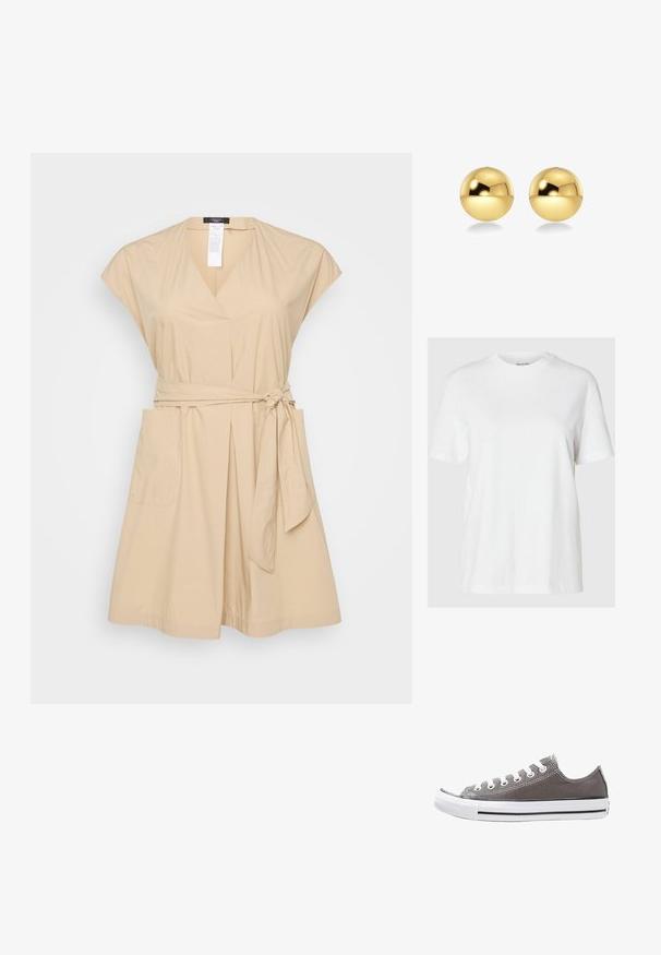 Bežs kleita ar īsām piedurknēm, V-veida kakla izgriezumu, sasienamu jostas jostu un divām sānu kabatām. Izgatavota no gludas auduma ar brīvu piegriezumu.; Balts kokvilnas t-krekls ar īsām piedurknēm un apaļu kakla izgriezumu. Iezīmē relaksētu piegriezumu un minimālu dizainu bez rakstiem vai akcentiem.; Pelēki kanvas tenisi ar baltu gumijas zoli, melnu svītru un metāla acīm. Iekļauj apaļu purngalu, zemu konstrukciju un teksturētu audumu.; Zeltainas sfēriskas auskaru pušķis ar mirdzošu, atstarojošu virsmu. Dizains ir vienkāršs un gluds, radot modernu, minimālistisku izskatu.