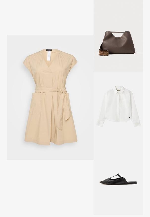 Bežs kleita ar īsām piedurknēm, V-veida kakla izgriezumu, sasienamu jostas jostu un divām sānu kabatām. Izgatavota no gludas auduma ar brīvu piegriezumu.; Balta, īsa garuma piedurkņu krekls, kas izgatavots no kokvilnas. Tam ir pogājama priekšpuse, krūšu kabata un mazs melns logo apakšējā kreisajā stūrī.; Melnas ādas slingback kurpes ar norādītu purngali, kurām ir austoša akcenta un krokota augšdaļa. Plakana zole ar minimālu aparatūru.; Brūna ādas rokassoma ar strukturētu apdari, leņķīgu dizainu un izteiksmīgu augšējo rokturi. Iespējamā rakstaina austā siksna.