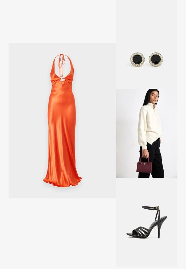 Long orange satin dress with a halter neck design, featuring a cut-out detail at the waist and a flowing skirt with a wavy hem.; Black strappy high heel sandal with a slim ankle strap, open toe, and a smooth finish. Features a slender heel and textured strap design.; Tommy Hilfiger ETERNITY MICRO TOTE MONO - Handbag - raspberry truffle; DKNY INLAY STUD - Earrings - black/gold-coloured