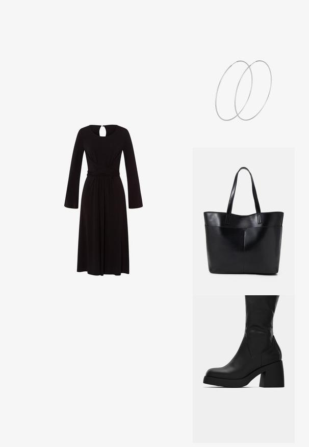 Czarna długa sukienka z długim rękawem, okrągłym dekoltem i detailami w kształcie otworu z tyłu. Posiada dopasowaną górę i zwiewną spódnicę z marszczonym stanikiem.; Czarna skórzana botka do połowy łydki z masywnym słupkiem i okrągłym noskiem, przedstawiona w profilu bocznym na białym tle.; Czarna skórzana torba na ramię z dwoma długimi uchwytami, gładką teksturą i sztywną formą. Posiada przednią kieszeń dla dodatkowego przechowywania.; Srebrne kolczyki w formie obręczy o minimalistycznym designie. Okrągły kształt, gładka faktura i cienki profil. Lekkie, z polerowanym wykończeniem.