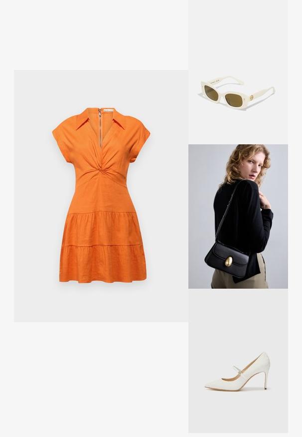 Alice + Olivia MILA DEEP TWIST MINI DRESS - Särkkleit - light mango; Valgest pitsist kõrged kontsad terava varbaga, pahkluu rihmaga ning peene stilettokontsaga. Omab keerulist lillemustrit peal.; Valged plastist päikeseprillid, millel on ristkülikukujuline raam, pruunid objektiivid ja kuldne aksent templil. Sile tekstuur ja kaasaegne disain.; Mustad musta nahast käekott, millel on kõver kuju, silmapaistva kuldse ovaalse kinnise, reguleeritava rihma ja minimalistliku disainiga.