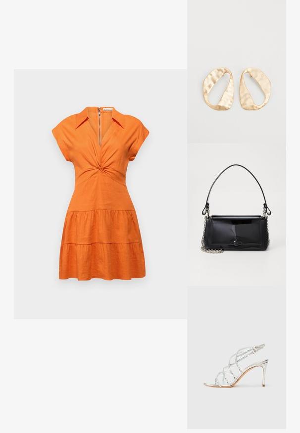 Alice + Olivia MILA DEEP TWIST MINI DRESS - Rochie tip cămașă - light mango; Sandale cu toc înalt de metalic argintiu, cu bretele încrucișate, accente transparente și un design elegant cu vârf ascuțit. Cataramă ajustabilă la gleznă.; Geantă din piele patent neagră, cu o formă rectangulară, mânere din lanț și un accent distinctiv din metal în centru. Textură netedă.; O pereche de cercei din metal de culoare aurie, cu formă ovală neregulată, având o suprafață texturată, ușor ciocănită, pe un fundal alb.