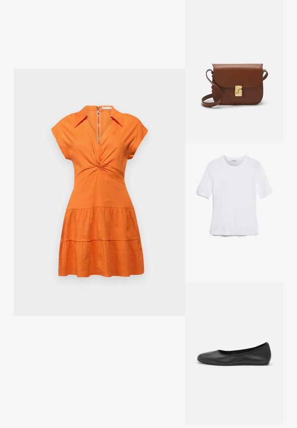 Alice + Olivia MILA DEEP TWIST MINI DRESS - Tričkové šaty - light mango; Biela krátka tričko s krátkymi rukávmi vyrobené z rebrovanej látky. Klasický okrúhly výstrih, bežný strih a jemné švy. Bez vzorov alebo grafiky.; Čierne kožené baleríny s okrúhlou špičkou, hladkým povrchom, minimálnym prešívaním a flexibilným dizajnom podrážky.; Hnedá kožená kabelka s klopou, zlatými kovovými prvkami, ramenným popruhom a hladkým povrchom. Kompaktný obdĺžnikový tvar.