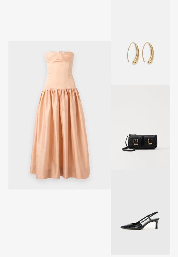 Ilma õlgu jääv virsiku värvi kleit sujuvaskangast, millel on keha lähedalt istuv kehaosa ja kokku korjatud, volüümikas seelik. Seljal on lukuga kinnitamine ning tassikujundus.; Mustmust paelad, millel on terav varvas, tekstuuriga maduprindiga, reguleeritav rihm ja lühike tekstuuriga plokknina.; Must küllastamata nahast õlakott, millel on kaks esist nähtavat taskut, kuldsed pandlad, tõmblukuga sulgemine ja peen rihm. Tekstuuriga pind ja kompaktne ristkülikukujuline kuju.; Kuldtoonilised metallist rõngas kõrvarõngad, millel on kõver ja piklik kuju. Omavad siledat, läikivat pinda ja ümarat tipptugevdust, mis lisab detaili.