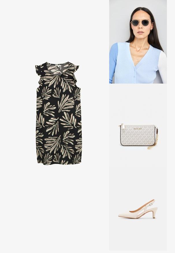 Must mustriga kleit, millel on koorevalge ja helesinise lehe muster, ning ripsmetega aksendid õlgadel. Tekstureeritud kangas.; Valge slingback konts, terava ninaga, siledast ülemisest materjalist, madala ploki kontsaga ja külgse nähtavusega ning reguleeritava pandla rihmaga.; Ringikujulised prillid tumedate läätsede ja kullast raamiga. Mudel on selga pannud helesinise soonikuga kardigani, millel on nupud ja kontrastsed valged varrukad.; Michael Korsi randmevõru beige kaetud kangast, millel on korduv MK logo muster, kuldne riistvara ja eemaldatav ahelistrap.