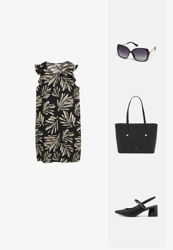 Črna brezrokavna obleka s potiskom listov v krem in svetlo zeleni barvi, z nabranimi poudarki na ramenih. Tekstura tkanine.; Črne patentne usnjene salonarce s slingback obliko, s koničastim nosom, zaobljenim izrezom in blok peto. Imajo zlato kovinsko zaponko kot dodatno okrasje.; Črne prevelike sončne očala z degradacijskimi lečami, debelimi okvirji in zlatimi verižicami na ročajih.; Črna torba iz sintetičnega materiala, preproste pravokotne oblike, z zlatimi kvadratnimi detajli in dvojnih ročajem.
