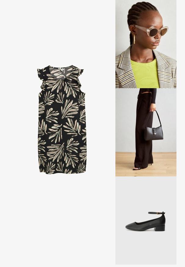 Czarna sukienka bez rękawów z motywem liści w kolorze kremowym i jasnym zielonym, z falbaniastymi akcentami na ramionach. Teksturowana tkanina.; Czarne skórzane szpilki z ostrym noskiem i niskim słupkowym obcasem. Wyposażone w pasek na kostkę z złotym zapięciem. Gładka tekstura.; Przezroczyste okulary w kocim kształcie z brązowymi soczewkami. Modelka w zielonym, prążkowanym topie i w kratkę żakiecie. Złote kolczyki w kształcie kół.; Czarna torebka o usztywnionym kształcie, gładkiej fakturze i metalowym zapięciem. Połączona z szerokimi czarnymi spodniami i sandałami na otwartym palcu na drewnianej podłodze.