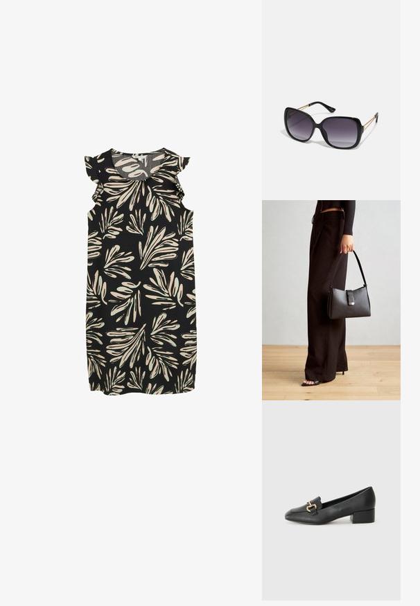 Fekete ujjatlan ruha, krém és világos zöld levelek mintájával, fodros részletekkel a vállaknál. Texturált anyag.; Fekete bőr loaferek lapos talppal, dekoratív arany hardware részlettel az elején és sima felülettel.; Fekete, oversize napszemüveg fokozatos árnyalatú lencsékkel, vastag kerettel és arany színű lánc díszítéssel a szárakon.; Fekete kézi táska strukturált formával, sima textúrával és fémből készült záródással. Széles fekete nadrággal és nyitott orrú szandállal párosítva, fából készült padlón.