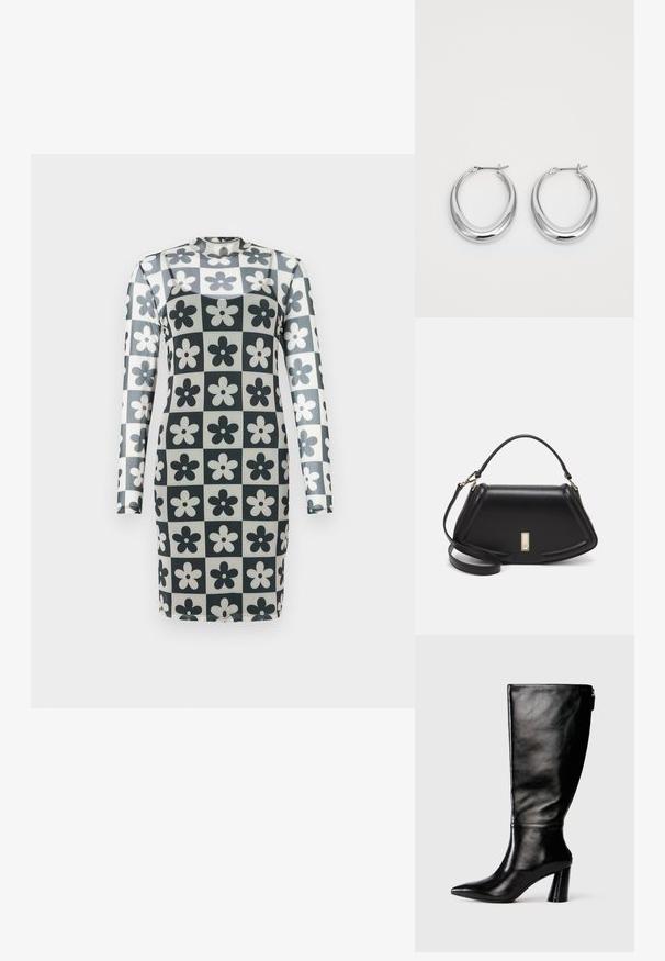 Long-sleeve dress featuring a grid pattern with black and white flowers, made of a smooth, stretchy material. High neckline, fitted shape.; Knee-high black leather boot with a pointed toe, smooth texture, and a chunky heel. Features a zipper detail at the back.; Black leather handbag with a structured design, featuring a cropped shape, top handle, and gold hardware accent. Adjustable shoulder strap included.; Pair of polished silver crescent hoop earrings with hinged clasps on a white background.