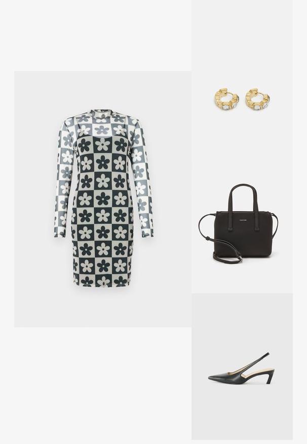 Langere mouw jurk met een ruitpatroon en zwart-witte bloemen, gemaakt van een gladde, rekbare stof. Hoge hals, aansluitende pasvorm.; Zwarte puntige slingback schoen met een lage hak, gemaakt van soepel leer en voorzien van een uitsnede aan de zijkant voor ventilatie.; Zwarte handtas met dubbele korte handvatten en een afneembare schouderriem. Glad, leerachtig materiaal met een ritssluiting en logo-detail.; Gouden creolen met een getextureerd ontwerp en drie heldere kristalaccenten aan één zijde, wat een moderne geometrische esthetiek biedt.