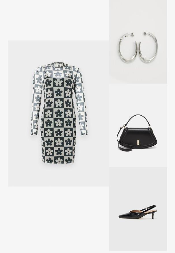 Dlouhé šaty s rukávy s mřížkovaným vzorem a černobílými květinami, vyrobené z hladkého, elastického materiálu. Vysoký výstřih, přiléhavý střih.; Černé lakované slingback lodičky se špičatou špičkou, malým podpatkem a výřezovým designem na svršku. Zlaté kovové detaily na straně.; Černá kožená kabelka se strukturovaným designem, jejíž tvar je zkrácený, má horní rukojeť a zlaté kovové detaily. Součástí je i nastavitelný ramenní popruh.; Stříbrné kruhové náušnice s hladkým, zakřiveným designem. Vyznačují se lesklým kovovým povrchem a zapínáním na patent. Žádné viditelné vzory nebo akcenty.