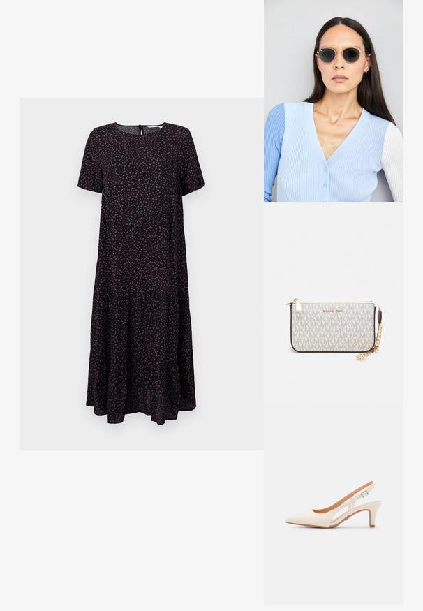 Svart kjole med korte ermer, rund hals og lagdelt skjørt. Har et lite blomstermønster i rosa og hvitt. Bakside med nøkkelhullsdetalj.; Hvit slingback-hel med spiss tå, glatt overmateriale, lav blokkhelt, og cut-out-design på siden med justerbar spenne.; Runde solbriller med mørke linser og guldrammer. Modellen har en lyseblå, ribbet cardigan med knapper og kontrast hvide ærmer på.; Michael Kors håndleddsveske i beige belagt kanvas med et gjentakende MK-logo mønster, gullfarget maskinvare og en avtakbar kjede-rem.