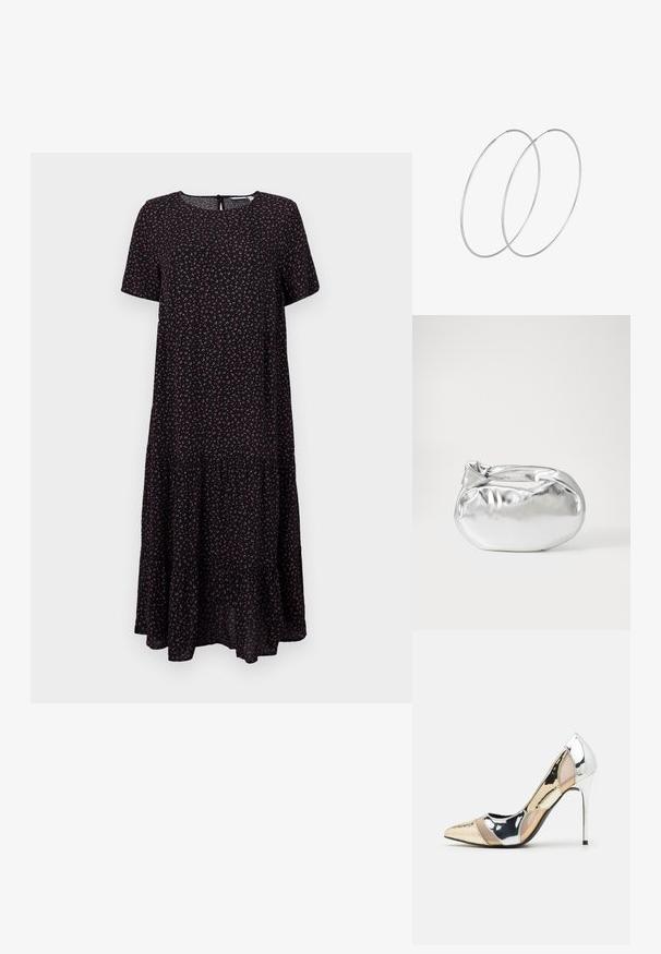 Melna kleita ar īsām piedurknēm, apaļu kakla izgriezumu un slāņotu svārku. Satur nelielu ziedu rakstu rozā un baltā krāsā. Aizmugurē ir atslēgvārdu detalizācija.; Apspīlēta augstpapēžu kurpe ar zeltītu, sudrabi un neitrālu krāsu kombināciju. Spīguļojoša virsma ar izgriezuma dizainu, aprīkota ar stiletto papēdi.; Sudraba metāliska poga somiņa ar mīkstu, noapaļotu formu un mezgla augšējo aizdari. Izgatavota no gludas mākslīgās ādas materiāla.; Sudraba gredzenveida auskari ar minimālistisku dizainu. Cirkulāra forma, gluda tekstūra un plāns profils. Vieglu svaru ar spīdīgu apdari.