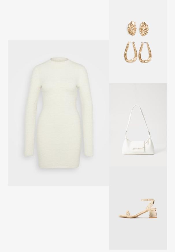 Hosszú ujjú, puha, textúrált fehér anyagból készült ruha; testhezálló fazon, kerek nyakkivágással és sima felülettel, a közép-thigh-ig ér.; Arany színű fémtalpú szandál sarokkal, éles szögletű blokk sarkal, két pánttal a lábfej fölött és állítható boka pánttal. Simaság jellemzi.; Fehér szintetikus kézitáska, háromszög alakú, lapos előlap, masni részlettel, állítható pánttal, sima textúrával és minimalista dizájnnal.; Aranyszínű fülbevalók, texturált, hullámos formákkal. Tartalmazza a szobrászati klipszes studokat és az open hoop kialakítást, kalapácsos felülettel.