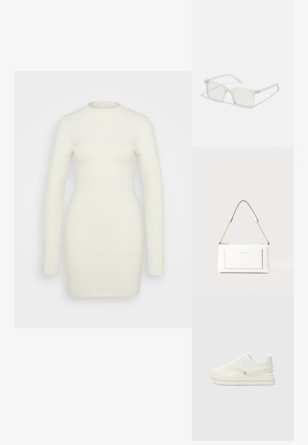 Vestido de manga longa feito de um tecido branco suave e texturizado; silhueta ajustada com decote redondo e acabamento suave, que se estende até a metade da coxa.; Sapatilhas brancas com uma mistura de materiais lisos e texturizados, apresentando um logótipo subtil, um design de atacadores e uma sola em ziguezague.; Óculos quadrados de plástico transparente com lentes translúcidas, apresentando detalhes em dourado nas hastes.; Bolsa de mão branca em couro com acabamento texturizado, featuring a corrente dourada e detalhes pretos. Inclui um bolso frontal e fecho com zipper.