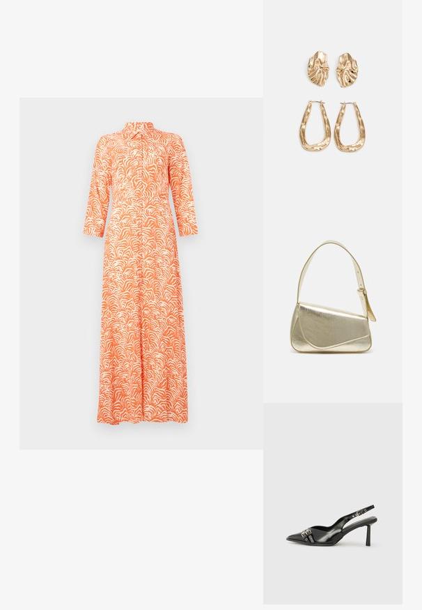 Dlouhé oranžové šaty s bílým abstraktním vlnitým vzorem, se vysokým límcem a tříčtvrtečními rukávy. Vyrobené z lehkého materiálu.; Černá lakovaná slingback obuv s špičatou špičkou, kotníkovými pásky s kovovými sponami a příslušenstvím, a štíhlým podpatkem.; Zlatá metalická kabelka se strukturovaným designem, hladkým povrchem a nastavitelným popruhem. Disponuje unikátním trojúhelníkovým tvarem a minimalistickým prošitím.; Náušnice ve zlatém tónu s texturovanými, vlnitými tvary. Obsahují sochařské klipy a design otevřeného kruhu s kladivkovým povrchem.