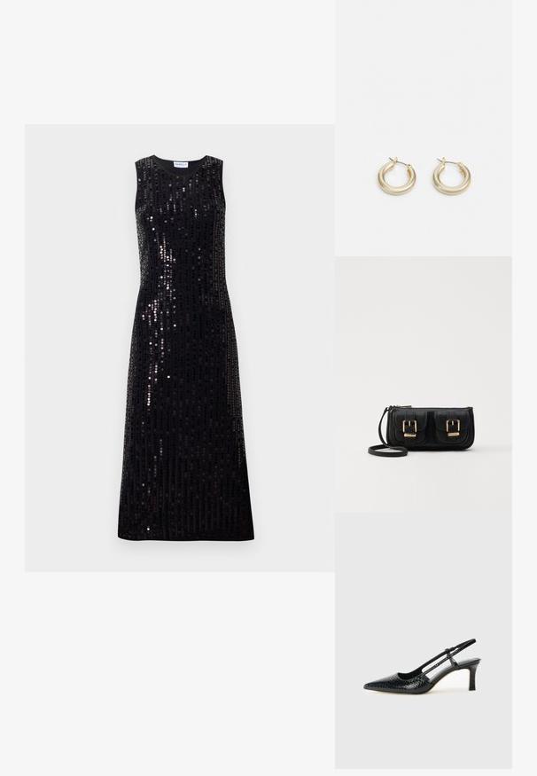 Melna maxi kleita bez piedurknēm, kas pārklāta ar vertikālām mirdzošām pērļu lentēm, ar apaļu kakla izgriezumu un taisnu siluetu.; Melna patent āda ar slīdošo papēdi un smailo purngalu, ar teksturētu čūsku drukājumu, regulējamu siksniņu un īsu teksturētu blokpapēdi.; Melnas ādas crossbody soma ar divām priekšējām kabatām, zelta sprādzēm, ar rāvējslēdzēju aizdari un šauru siksnu. Strukturēta virsma un kompakta taisnstūra forma.; Lauren Ralph Lauren BASIC SMALL HOOP - Auskari - gold-coloured
