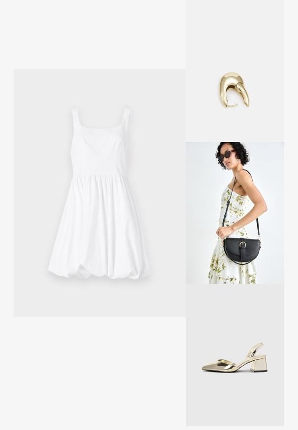 White cotton dress with a square neckline, thin straps, and a gathered skirt, creating a voluminous silhouette.; Gold, metallic slingback heels with a pointed toe and chunky heel. Smooth texture, minimalistic design, and a narrow strap.; Black leather handbag with a curved shape, detachable strap, and gold hardware. The bag features a flap with a buckle detail.; Gold-tone metal earring with a sleek, curved design. Features a distinctive pointed shape, polished surface, and hinge closure.