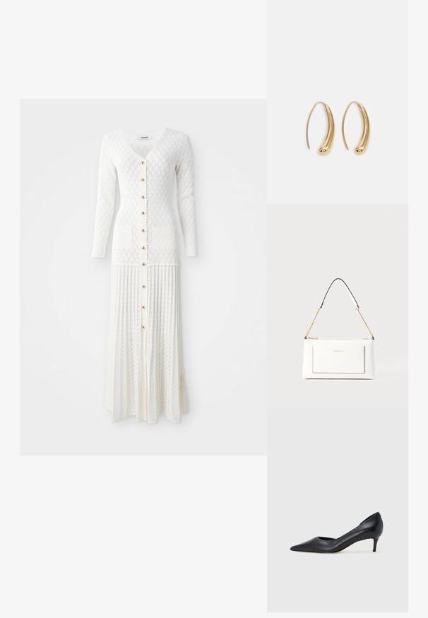 Abito lungo bianco lavorato a maglia con scollatura a V e maniche lunghe. Presenta grandi bottoni e due tasche frontali, con una texture e un design a coste.; Décolleté in pelle nera con punta affusolata e tacco basso. Presenta una texture liscia e una lucentezza sottile. Taglio aperto sulla parte anteriore per un dettaglio aggiuntivo.; Borsa a tracolla bianca in pelle con un finish testurizzato, dotata di una tracolla in catena dorata e accenti neri. Include una tasca frontale e una chiusura con zip.; Orecchini a cerchio in metallo color oro con forma curva ed allungata. Presentano una superficie liscia e lucida e una punta arrotondata per un tocco di dettaglio in più.