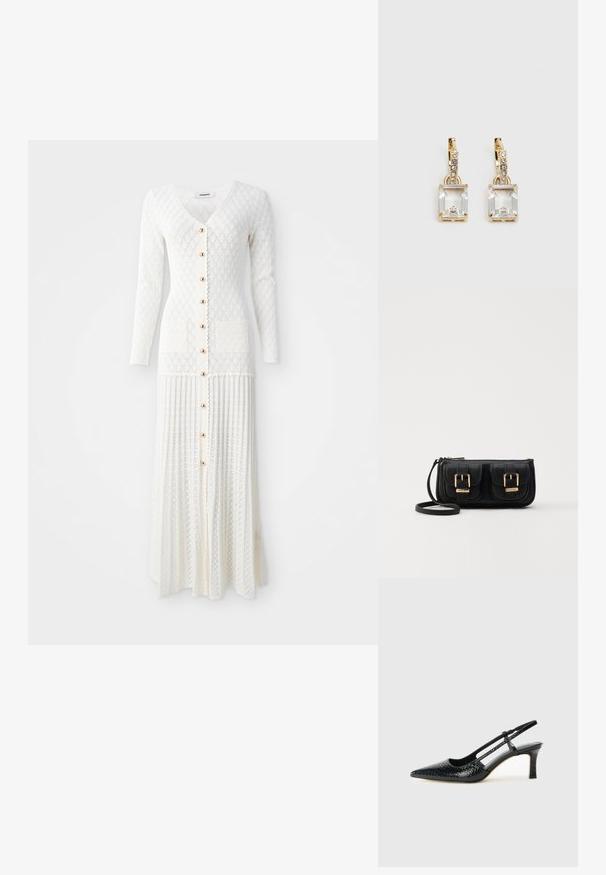 Lange witte gebreide jurk met een V-hals en lange mouwen. Heeft grote knopen en twee voorkruiken, met een ribbelstructuur en -ontwerp.; Zwart patent slingback hak met een spitse neus, voorzien van een gestructureerde slangenprint, verstelbare band en een korte, gestructureerde blokhak.; Zwarte leren schoudertas met twee vo pockets, gouden gespen, ritsluiting en een smalle band. Tekstuur oppervlak en compacte rechthoekige vorm.; Gouden oorbellen met een rechthoekige, heldere kristal die onder een rij kleine, ronde heldere accenten hangt. Strak, modern ontwerp.