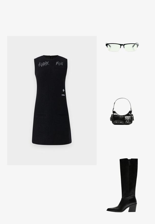 Schwarz ärmelloses Kleid mit rundem Ausschnitt, verziert mit Stickerei, zwei vorderen Taschen und einem Logo-Graphic an der Seite. Glatte Textur.; Schwarze kniehohe Stiefel aus glattem Leder, mit spitzem Schuhbund, einem Blockabsatz und einem V-förmigen Ausschnitt an der Oberseite.; Schwarze rechteckige Brille mit klaren Gläsern, ausgestattet mit schlanken schwarzen Rahmen und grauen transparenten Bügelspitzen. Minimalistisches Design, keine sichtbare Markenkennzeichnung.; Schwarze Lackleder-Handtasche mit geschwungenem Design, einem Schulterriemen, Vordertaschen und silberfarbenen Hardware-Akzenten.