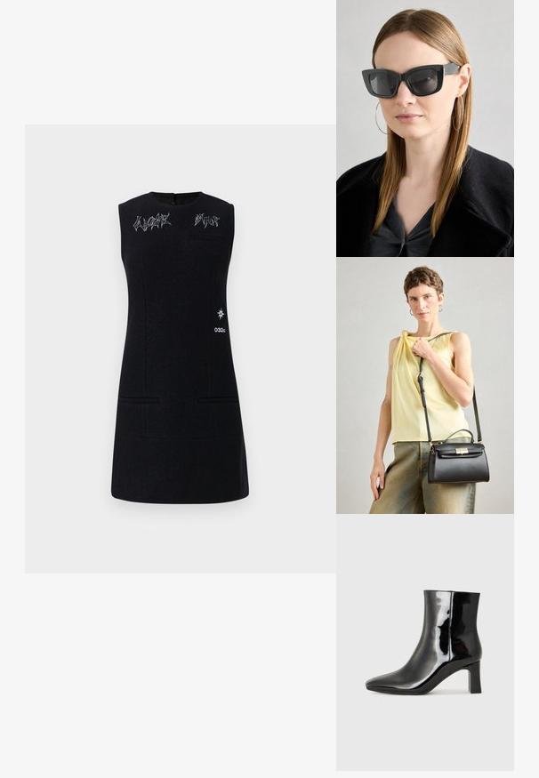 Rochie neagră fără mâneci, cu un decolteu rotund, dotată cu broderie, două buzunare frontale și un grafic cu logo pe lateral. Textură netedă.; Botine negre din piele lacuită, cu vârful ascuțit și toc bloc de înălțime medie. Textură netedă și design minimalist.; Ochelari de soare negri tip cat-eye cu lentile întunecate, rame groase și accente subtile. Purtați cu o haină neagră și un top gri, având părul lung și drept.; Geantă de mână din piele neagră, cu un design structurat, mânere de sus și curea ajustabilă. Textură netedă și detaliu cu închidere din aur.